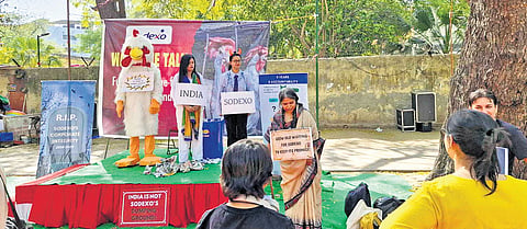 BIA, a coalition of 15 Indian animal welfare organizations, staged a protest at Jantar Mantar on Friday, against food services giant Sodexo fulfill its global commitment to sourcing cage-free eggs in India.