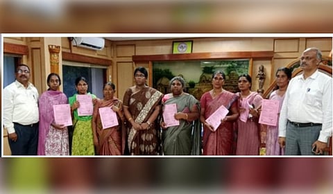 President Justin Antony alongwith the families of the 2009 phyan cyclone victims and with the District Collector R Alagumeena and DRO J Balasubramaniam after they received death certificates in July, 2024.