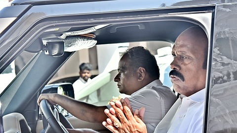 Minister E V Velu leaving after the Assembly session on Tuesday