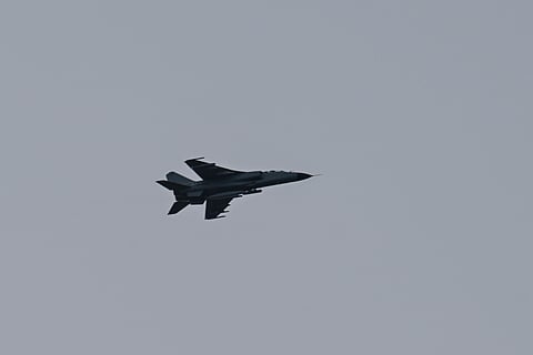 A Chinese fighter jet flies above Pingtan island, the closest point in China to Taiwan's main island, in Fujian province on April 2, 2025.