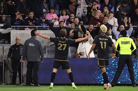 Nathan Ordaz #27 celebrates after scoring the team's first goal during the CONCACAF Champions Cup 2025 Quarter-final first leg match between Los Angeles FC and Inter Miami at BMO Stadium on April 02, 2025 in Los Angeles, California.