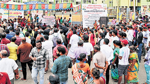 Fishermen from 10 villages staging a protest against beach projects on Loop Road on Thursday