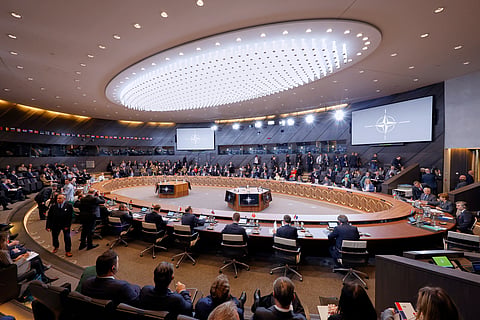 NATO foreign ministers attend a meeting of the North Atlantic Council in foreign ministers format at NATO headquarters in Brussels, Friday, April 4, 2025.