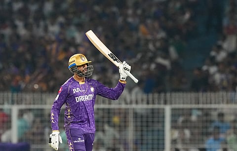 KKRs' Venkatesh Iyer celebrates his half century during an IPL 2025 match between Sunrisers Hyderabad and Kolkata Knight Riders, at Eden Gardens in Kolkata, Thursday, April 3, 2025.