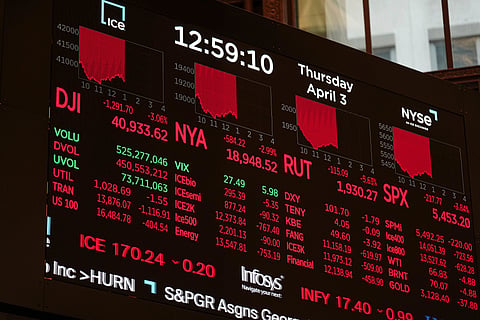 A screen displays financial news as traders work on the floor at the New York Stock Exchange in New York, Thursday, April 3, 2025.