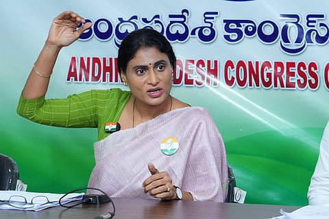 APCC president YS Sharmila addressing the media on Friday.