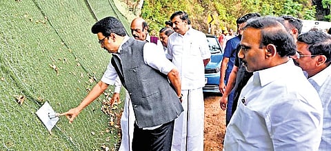 Chief Minister MK Stalin inspects the ongoing installation works of GABION wall at Kunjapanai in Nilgiris district on Saturday