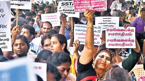 Teachers staging a token hunger strike in Chennai on Saturday