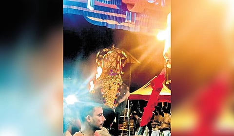 The procession carrying the ‘thidambu’ on a caparisoned elephant as part of ‘Vilakkinezhunnellippu’ being taken out of Sabarimala temple on the fifth day of the annual festival on Sunday