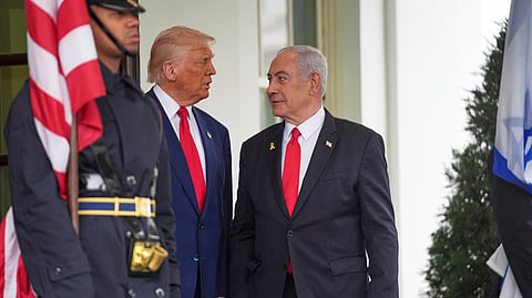 FILE | President Donald Trump, left, greets Israel's Prime Minister Benjamin Netanyahu at the White House, Monday, April 7, 2025, in Washington.