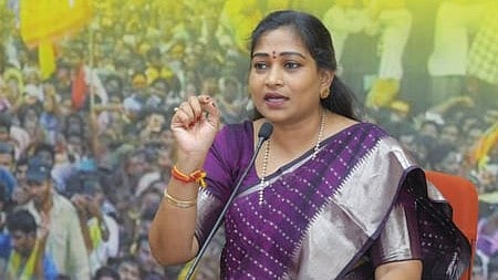 Andhra Pradesh Home Minister Vangalapudi Anitha addressing a press conference in Visakhapatnam.