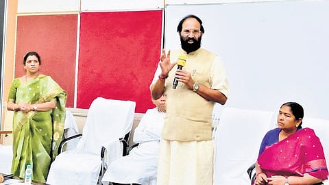 Irrigation Minister Uttam Kumar Reddy speaks during a visit to the Water and Land Management Training and Research Institute in Rajendranagar.
