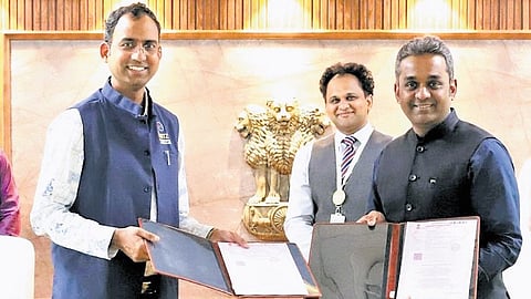 Officials from Andhra Pradesh MedTech Zone (AMTZ) and FORGE Innovation and Ventures exchange the MoU to establish an integrated innovation ecosystem at Medivalley Research Square within AMTZ.
