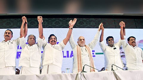 Union Home Minister Amit Shah announces alliance with AIADMK General Secretary EPS for the upcoming general elections for assembly at at press meet held in Chennai on Friday. (From Right) The incoming TN BJP President Nainar Nagendran, outgoing President K Annamalai, Deputy General secretary KP Munusamy and SP Velumani are also seen.