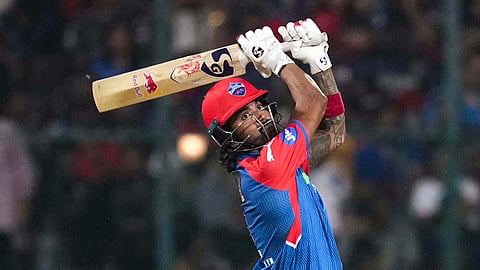 Delhi Capitals' KL Rahul plays a shot during an Indian Premier League (IPL) 2025 T20 cricket match between Royal Challengers Bengaluru and Delhi Capitals.