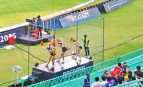 GuJarat Titans cheerleaders during the team's match against Lucknow Super Giants at the Bharat Ratna Shri Atal Bihari Vajpayee Ekana Cricket Stadium in Lucknow on Saturday
