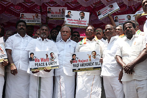 Puducherry Pradesh Congress Committee cadres staged a protest against the newly approved Waqf (Amendment) Bill near anna statue in Puducherry on Saturday.