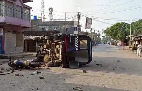Police vehicles that were vandalised allegedly by members of Indian Secular Front (ISF) during a protest march to Kolkata over Waqf (Amendment) Act, at Bhangar in South 24 Parganas district, West Bengal, Monday, April 14, 2025.