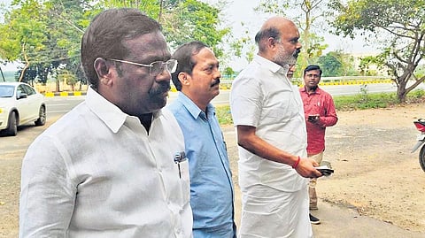 PMK functionaries arriving at the residence of S Ramadoss on Sunday.