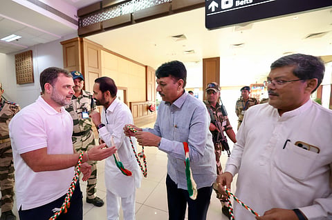 Congress MP and LOP Rahul Gandhi being welcomed at Ahmedabad airport.