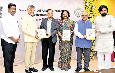 Chief Minister N Chandrababu Naidu submits a representation to 16th Finance Commission Chairman Arvind Panagariya at the Secretariat in Velagapudi.
