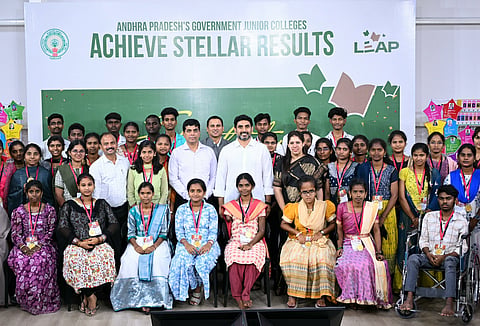 Minister for IT and Education Nara Lokesh felicitates government college students who secured top marks in intermediate examinations on Tuesday.