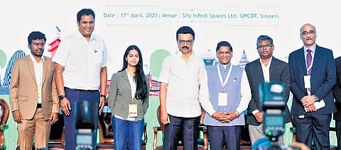 CM Stalin, along with Industries Minister T R B Rajaa, during the inauguration of the Rs 1,882-crore data centre in the Siruseri SIPCOT IT Park on Thursday