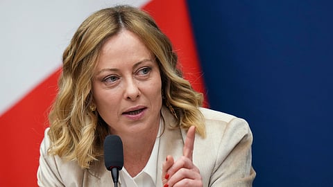 Italian Premier Giorgia Meloni holds a year-end press conference in Rome, Jan. 9, 2025.