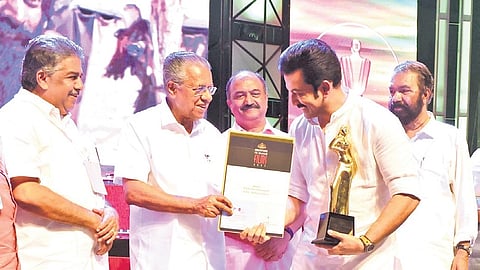 Actor Prithviraj Sukumaran receiving the ‘best actor’ award from Chief Minister Pinarayi Vijayan during the 54th State Film Awards distribution ceremony at Nishagandhi auditorium in Thiruvananthapuram on Wednesday
