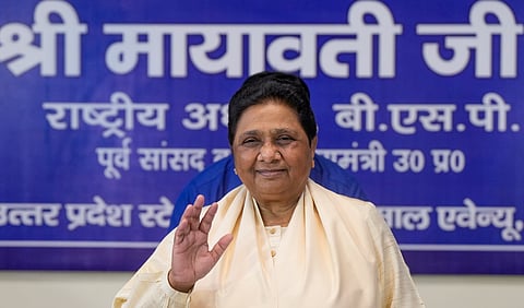 Bahujan Samaj Party (BSP) President Mayawati presides over a meeting of senior party leaders from Uttar Pradesh and Uttarakhand, in Lucknow, Wednesday, April 16, 2025.