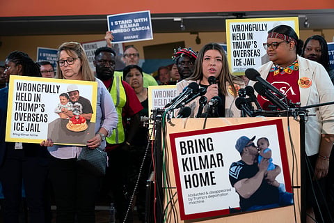 Jennifer Vasquez Sura, the wife of Kilmar Abrego Garcia of Maryland, who was mistakenly deported to El Salvador, speaks during a news conference at CASA's Multicultural Center in Hyattsville, Md., April 4, 2025.