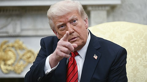 US President Donald Trump takes questions from members of the media as he meets with Italian Prime Minister Giorgia Meloni in the Oval Office of the White House in Washington, DC, on April 17, 2025.