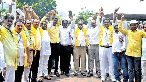 NDA leaders celebrating after the removal of Mayor Golagani Hari Venkata Kumari, at the GVMC headquarters in Visakhapatnam on Saturday