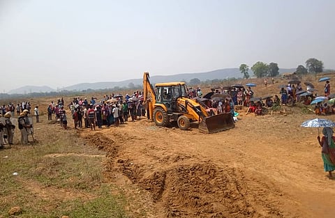 Villagers of Barkani protesting against the new railway line of Rourkela Steel Plant