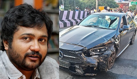 Tamil actor Bobby Simha and his damaged car (R) that crashed into six people.