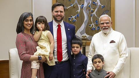Prime Minister Narendra Modi during a meeting with US Vice President JD Vance, Second Lady Usha Vance, and their children in New Delhi, April 21, 2025.