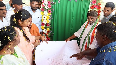 Deputy Chief Minister Mallu Bhatti Vikramarka during the foundation stone laying programme for the Mahadevapuram Lift Irrigation Scheme in Madhira mandal.