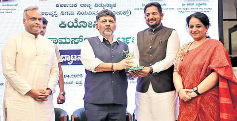 DCM DK Shivakumar inaugurates KEONICS’ new e-commerce portal, as IT/BT Minister Priyank Kharge, KEONICS chairman MLA Sharath Bachegowda, and IT/BT Secretary Ekroop Caur look on, in Bengaluru.