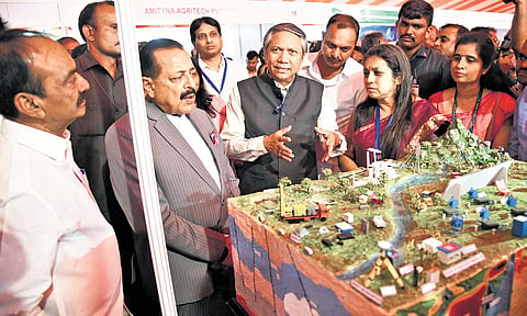 Union Science and Technology Minister Dr Jitendra Singh and BJP MP Eatala Rajendar browse through stalls at Startup Conclave Hyderabad 2025