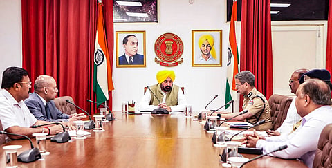 Punjab CM Bhagwant Mann during a high-level security meeting with top officials of Punjab Police to take stock of security arrangements in the state in the wake of the Pahalgam terror attack (Photo | PTI)
