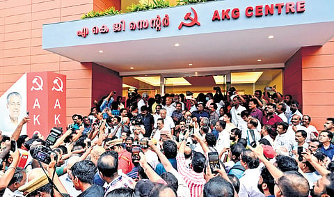 Chief Minister Pinarayi Vijayan and senior CPM leaders coming out of the new CPM state headquarters (AKG Centre) after its inauguration in Thiruvananthapuram on Wednesday