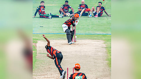 SRH players during a practice session ahead of their IPL match agianst Mumbai Indians