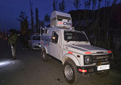A CRPF vehicle stationed during a cordon and search operation after a gunfight broke out between terrorists and security forces, in Kulgam district of Jammu and Kashmir, Wednesday, April 23, 2025. At least 26 people were killed in the terrorist attack in J&K's Pahalgam on Tuesday.