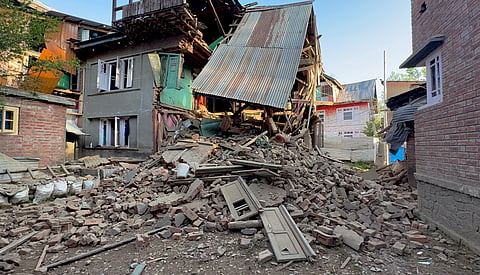 Debris of the house of Adil Thokar, linked to the Pahalgam terror attack, that was demolished in Bijbhera, in Anantnag dristrict, Friday, April 25, 2025.