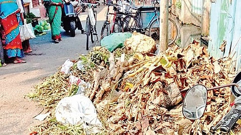 Waste dumped on the roadside at Balu Bazar area in Cuttack.