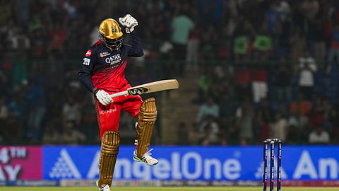 RCB's Krunal Pandya celebrates after winning the IPL 2025 T20 cricket match between Delhi Capitals and Royal Challengers Bengaluru, at the Arun Jaitley Stadium, in New Delhi, Sunday, April 27, 2025.