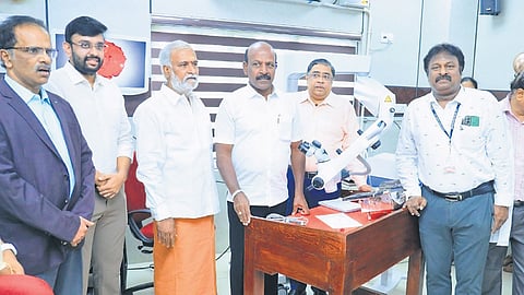 Minister Sekarbabu and Ma Subramanian after the inauguration of the facilities at Rajiv Gandhi Government General Hospital on Monday