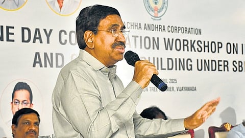 MAUD Minister P Narayana speaking at the One Day Consultation Workshop on IEC/BBC and Capacity Building under SBM in Vijayawada on Monday