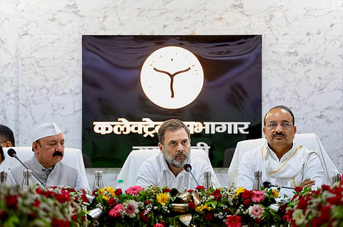 Leader of Opposition in Lok Sabha Rahul Gandhi with party leader Kishori Lal Sharma during the Development Coordination & Monitoring Committee (DISHA) meeting, in Rae Bareli.