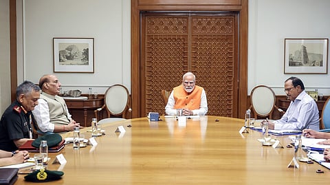 Prime Minister Narendra Modi chairs a meeting with Defence Minister Rajnath Singh, National Security Advisor Ajit Doval, Chief of Defence Staff General Anil Chauhan and chiefs of all the Armed Forces, in New Delhi on Tuesday.
